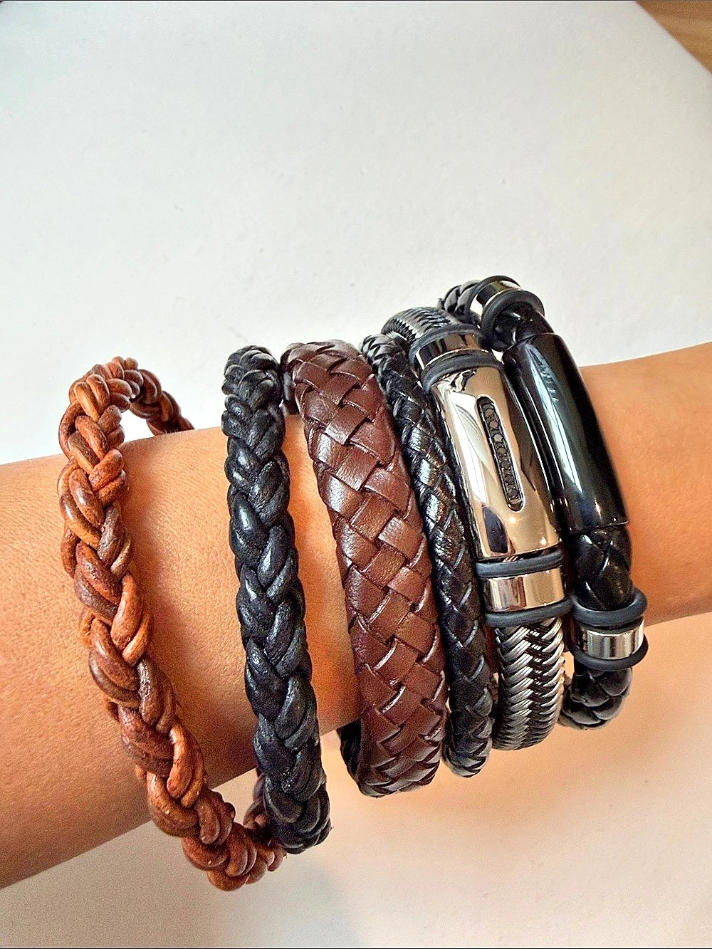 Braided Bracelet Stack in Black & Brown